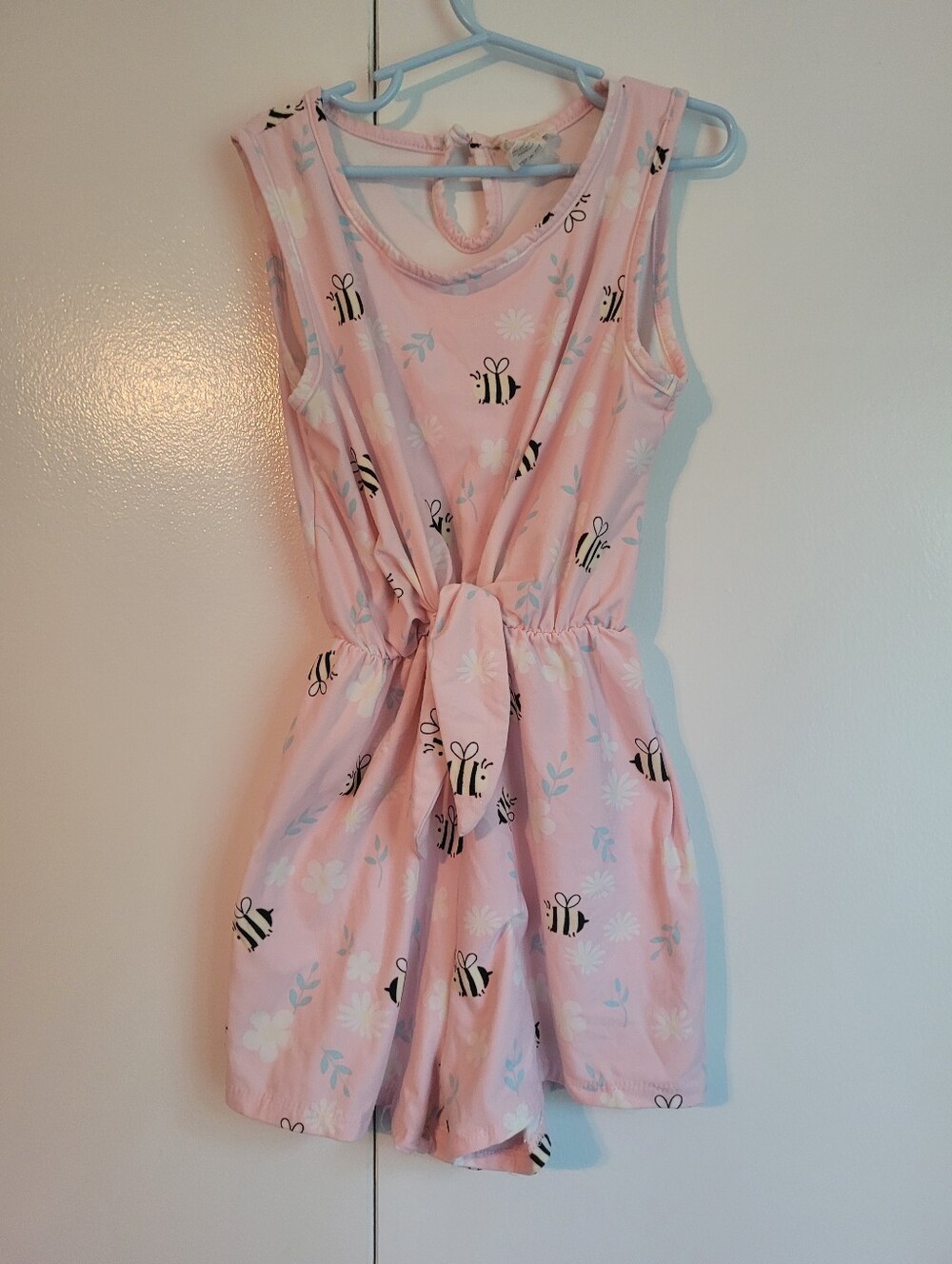 Girls' Pink Bee-Print Tie-Waist Casual Dress